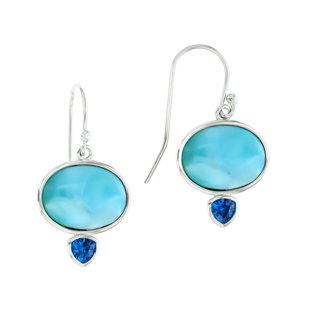 925 Sterling Silver Larimar Oval Shape Trillion 4mm Dark Aqua Bezel CZ Earrings